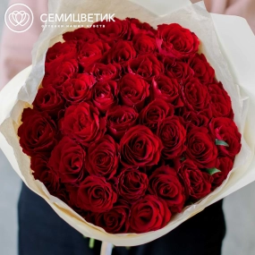 Букет из 41 красной розы 40 см (Кения) в кремовой пленке