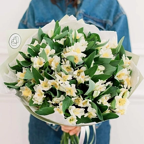 Букет из 23 белых альстромерий в зеленой пленке