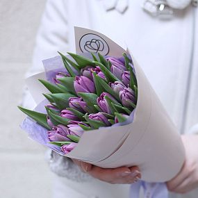 Букет из 25 сиреневых пионовидных тюльпанов